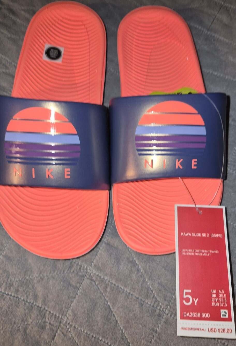 Nike Kawa Slide SE 2 Size 5Y Purple Dust Bright Mango